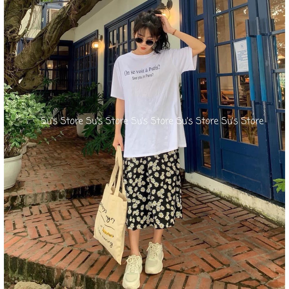 Set đồ nữ áo phông chữ mix chân váy hoa dài 2 lớp. Áo cotton tàu mịn 4c , chân váy đũi lụa mềm. | BigBuy360 - bigbuy360.vn
