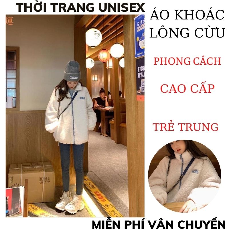 Áo khoác lông cừu dáng rộng ấm áp phong cách hàn quốc AL03, áo khoác cổ bẻ in chữ ngực ulzzang ,THỜI TRANG1989