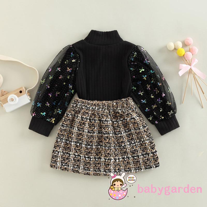 Set Đồ Mùa Thu 2 Món Gồm Áo Tay Dài Lưới Đen + Váy Chữ A Có Nút Cài Cho Bé Gái 1-6 Tuổi