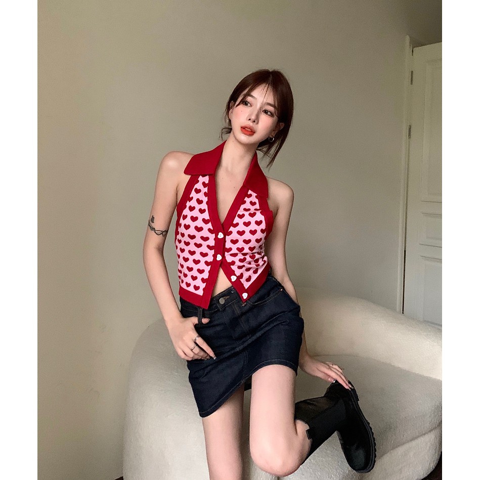 Áo lửng XIAOZHAINV hai dây họa tiết trái tim quyến rũ thời trang dành cho nữ