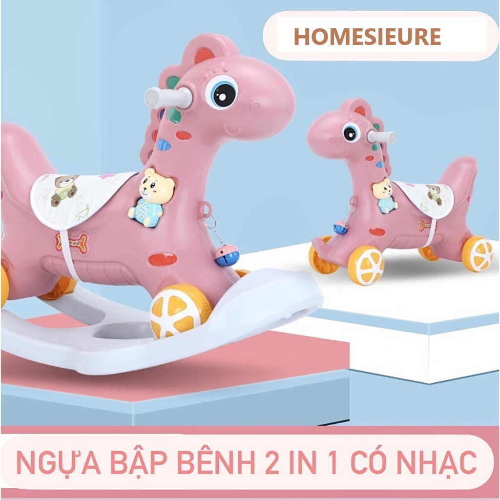 Ngựa Bập Bênh Cho Bé Yêu, Xe Ngựa Kiêm Chòi Chân 2IN1 Có Nhạc Cho Bé