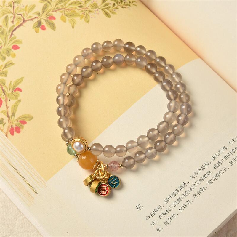 [Hàng Mới] Vòng Đeo Tay Đá Mã Não Hai Vòng An Toàn Retro Đơn Giản Dành Cho Nữ