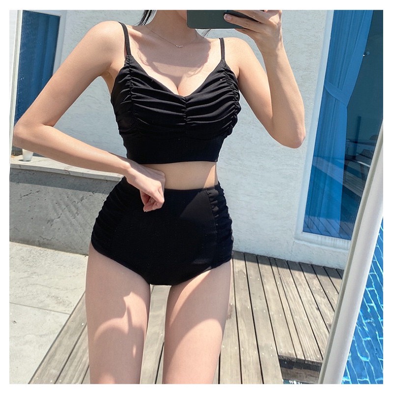 [HÀNG QUẢNG CHÂU] Bikini 2 mảnh lưng cao màu đen áo nhún ngực cá tính | BigBuy360 - bigbuy360.vn