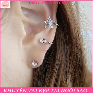 Khuyên tai kẹp tai đôi hình ngôi sao đính đá kèm 1 bông tai đính đá, có thể đeo mà không cần có lỗ tai cá tính KT-19