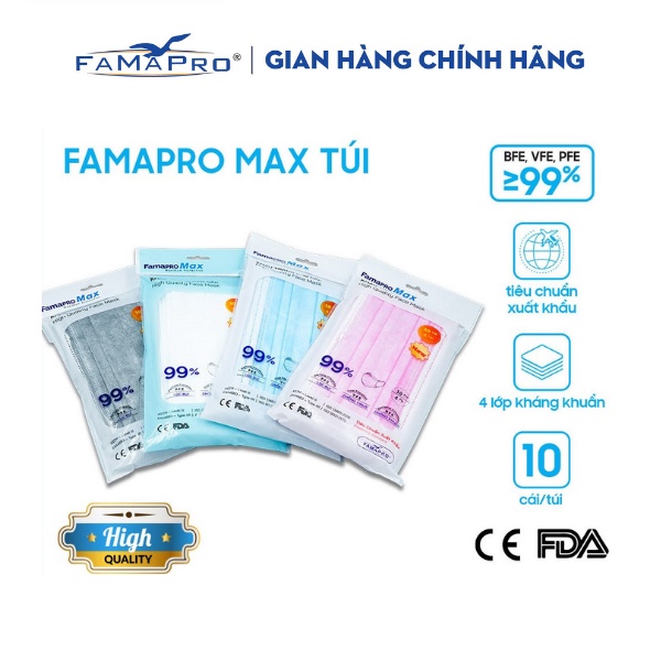 [MAX-TÚI-10 CÁI] Khẩu trang y tế cao cấp 4 lớp kháng khuẩn Famapro max