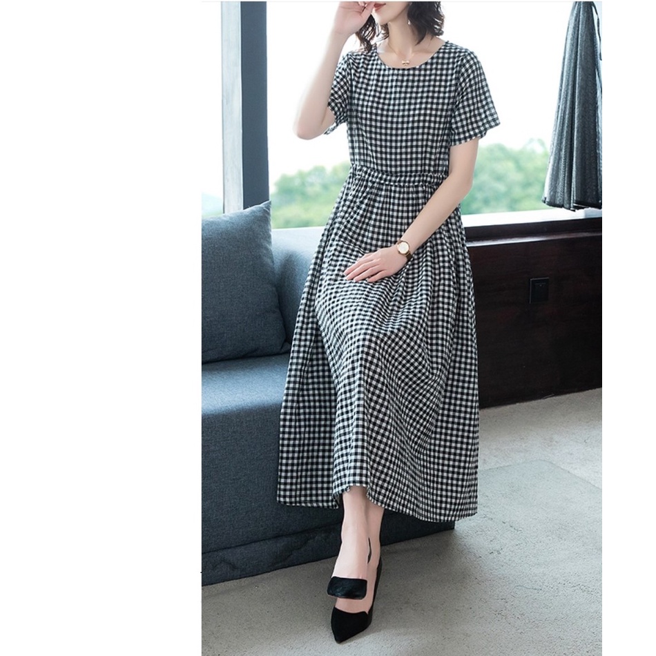 {Ảnh thật} Đầm công sở form rộng chất thô đũi kẻ caro nhẹ mát size đến 75kg, váy kẻ caro dáng xòe Da159