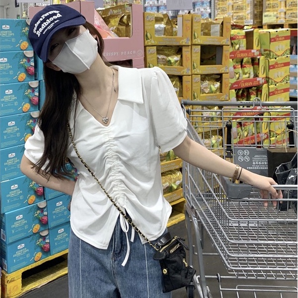 Áo Thun Tay Phồng Ngắn Cổ Chữ V Dáng Rộng Phối Dây Rút Thời Trang Mùa Hè Cho Nữ