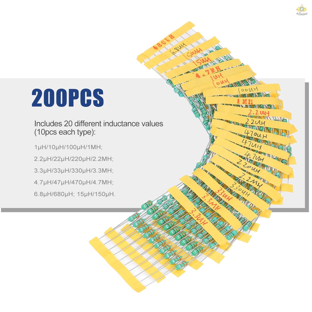 200Pcs φ0510 DIP Chromatic Ring Inductor Assortment Kit Set Tolerance ±10% Power 1W 20 Inductance 1/10/100/2.2/22/220/3.3/33/330/4.7/47/470/6.8/680/15/150μH 1/2.2/3.3/4.7MH