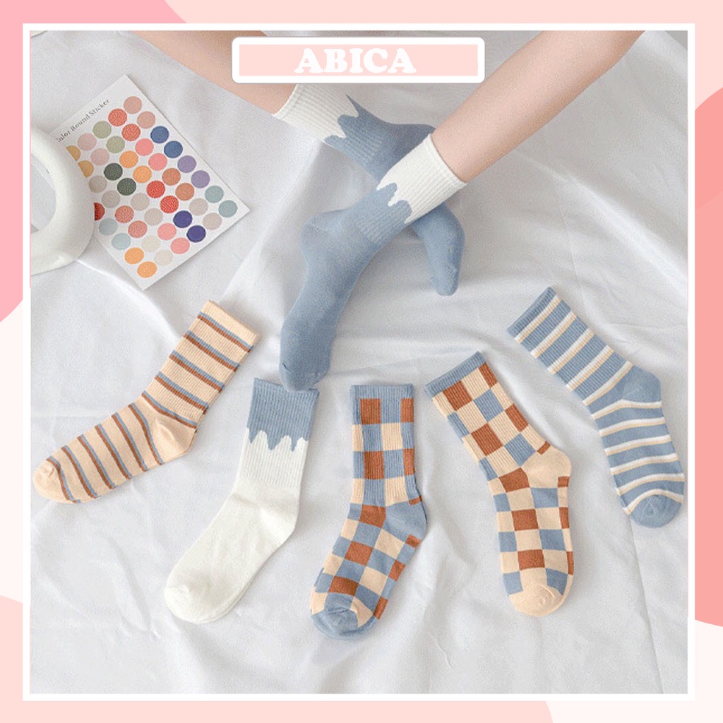 Tất cổ cao nam nữ họa tiết bàn cờ vớ tầm trung phong cách Nhật Hàn phối màu cá tính dễ thương ABICA TD024