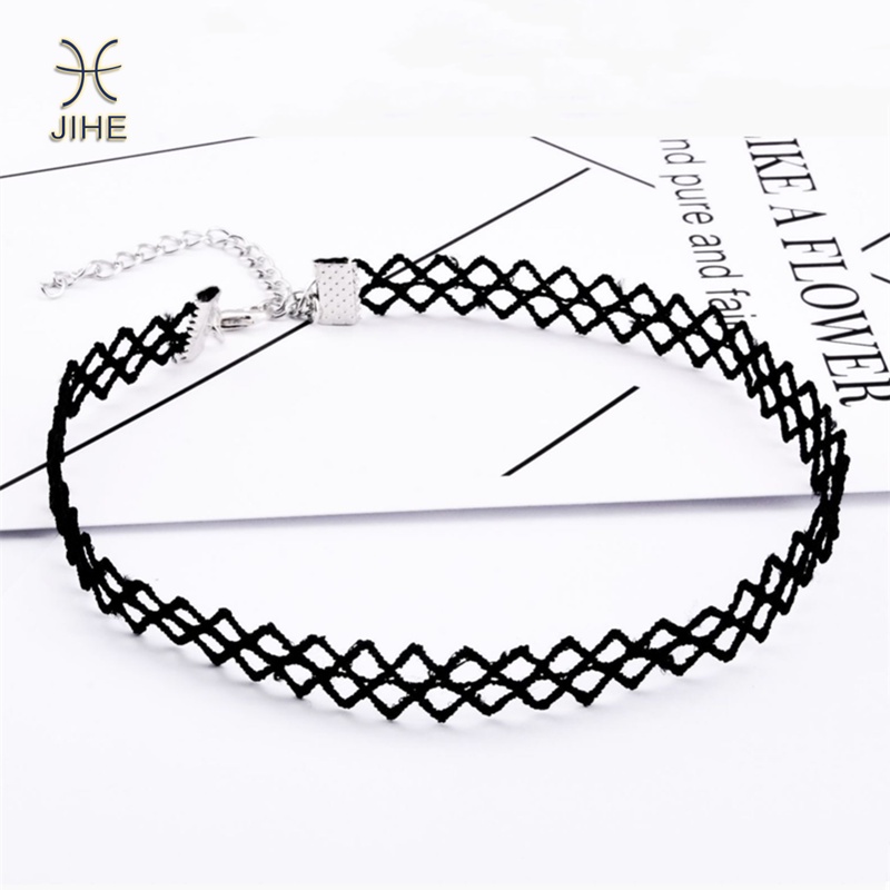 【JIHE】Vòng cổ ren đính đá kim cương đen thời trang
