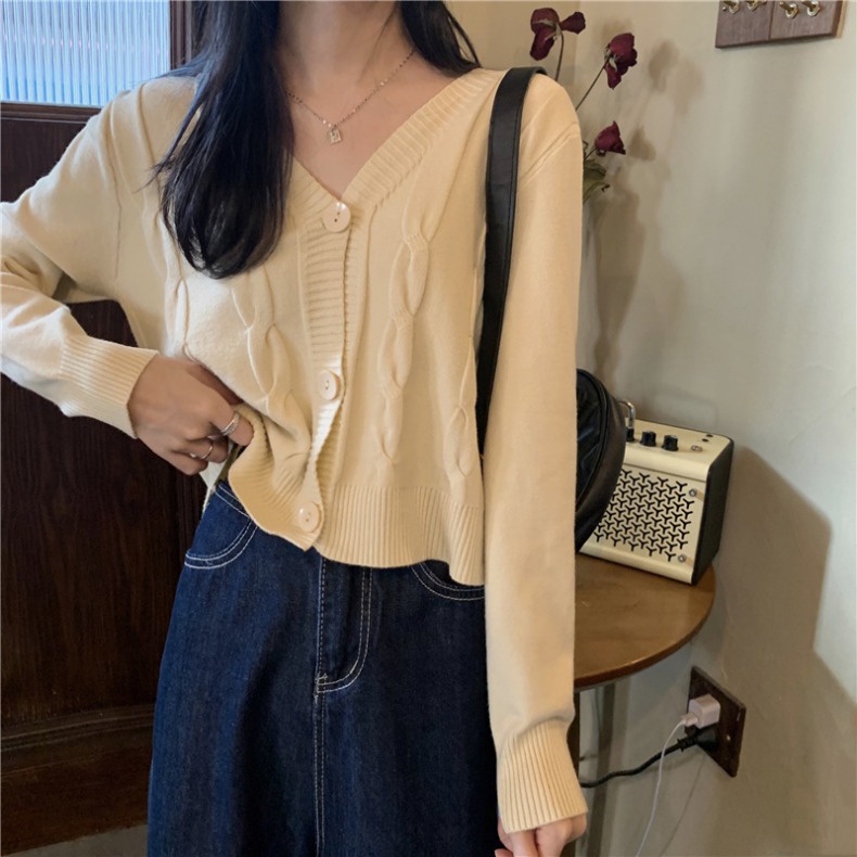 SUXI Áo Cardigan Dệt Kim Tay Dài Cổ Chữ V Phối Nút Thời Trang Mùa Thu Cho Nữ