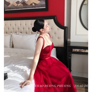 Đầm đi tiệc xoè 2 dây ôm eo phối lưới có mút ngực
