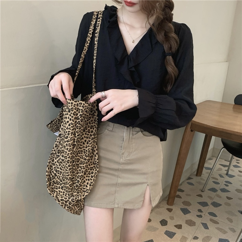 Áo Sơ Mi Chiffon Tay Dài Cổ Chữ V Phối Bèo Dễ Phối Đồ Thời Trang 49822