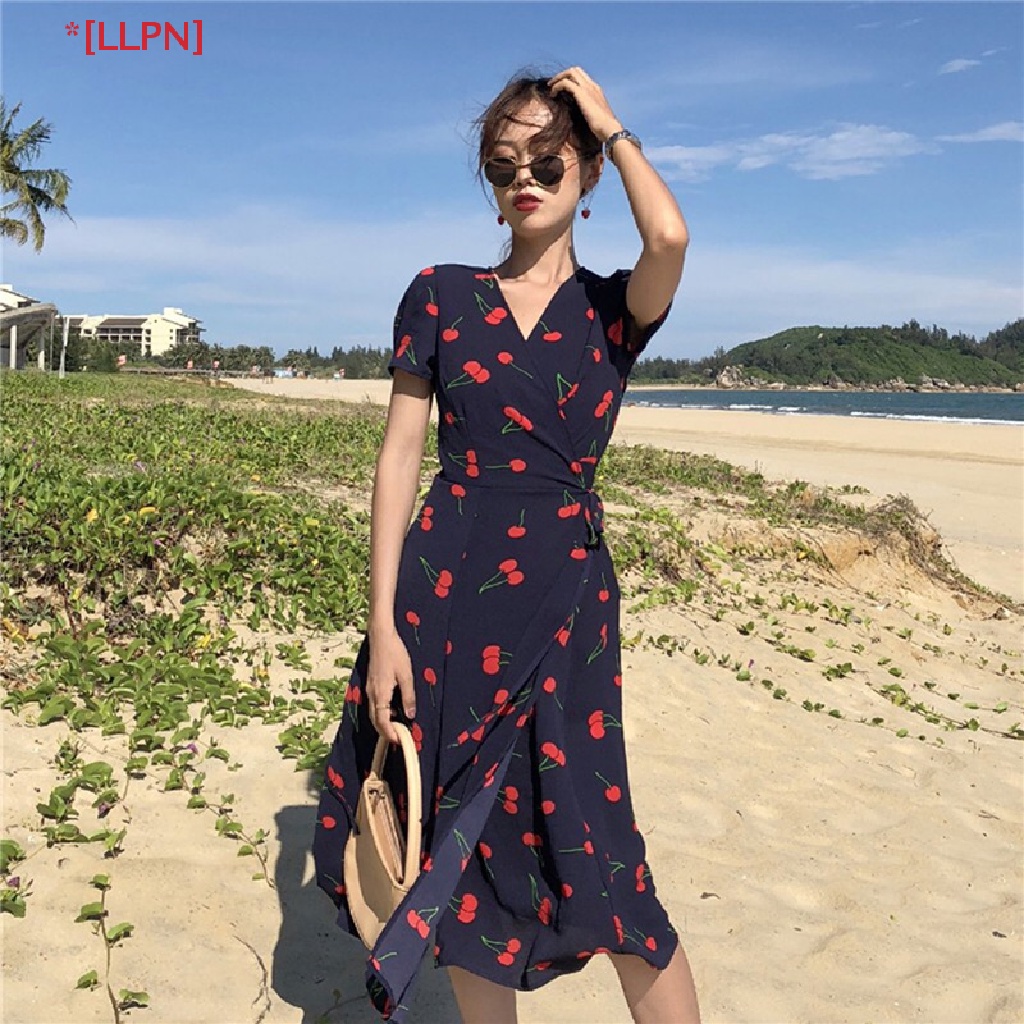 Đầm Maxi Tay Ngắn Ôm Dáng In Họa Tiết Cherry Thời Trang Hàn Quốc Cho Nữ