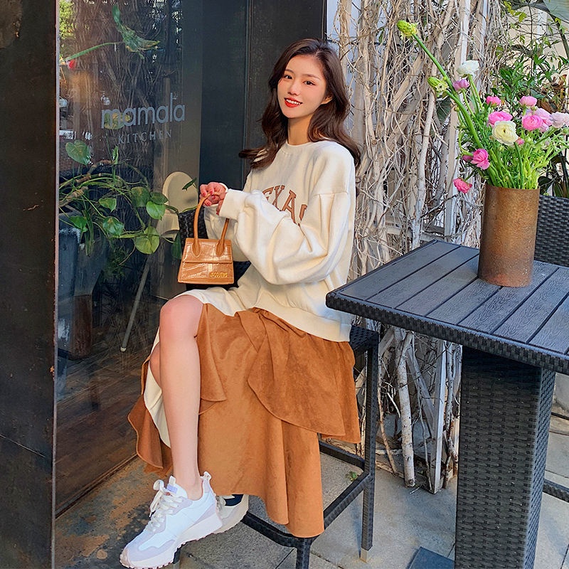 [Linin] Đầm Sweatshirt Dáng Rộng Giấu Đường May Màu Sắc Tương Phản Size Lớn Irreg