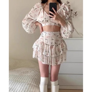 [SẴN] Set áo croptop hở lưng dài tay+chân váy hoạ tiết hoa nữ tính phong cách ulzzang Hàn Quốc SAM SAM BOUTIQUE
