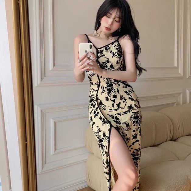 Đầm sườn xám hai dây họa tiết hoa thời trang mùa hè cho nữ