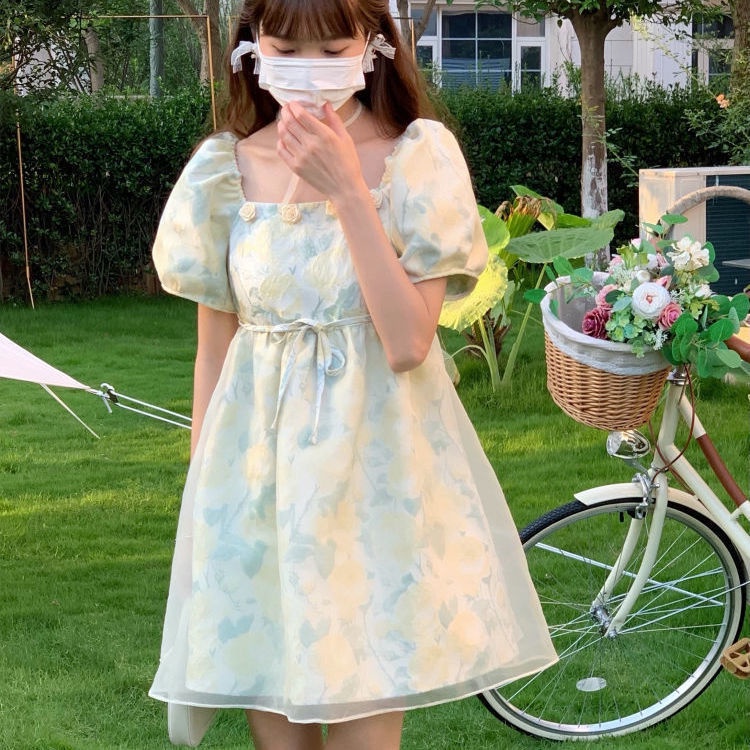 Đầm Chữ a Cổ Vuông Tay Phồng Mẫu Mới Ngọt Ngào Cho Nữ