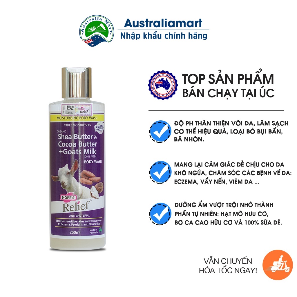 Sữa tắm sữa dê tươi, bơ ca cao chăm sóc da khô ngứa, eczema, vảy nến  Hope's Relife 250ml