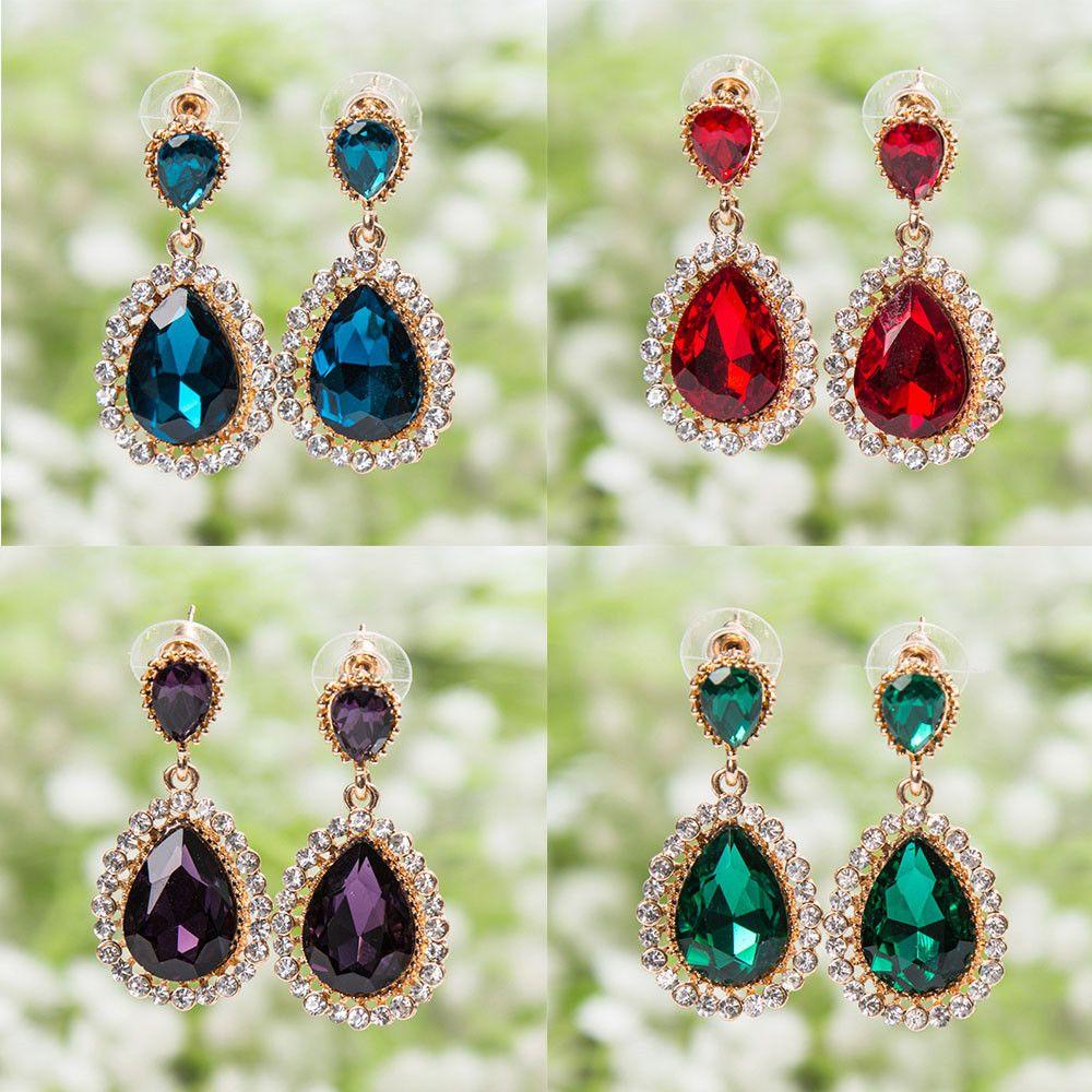 Khuyên Tai Dáng Dài Hình Giọt Nước Bằng Hợp Kim Sáng Bóng Ngọt Ngào|Bông Tai Đính Đá Đầy Màu Sắc Phong Cách Retro Cho Nữ