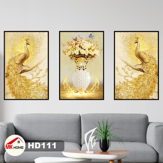 Bộ 3 Tranh Công Vàng HD111 | Tranh Canvas Cao Cấp | Tranh Treo Tường Phòng Khách