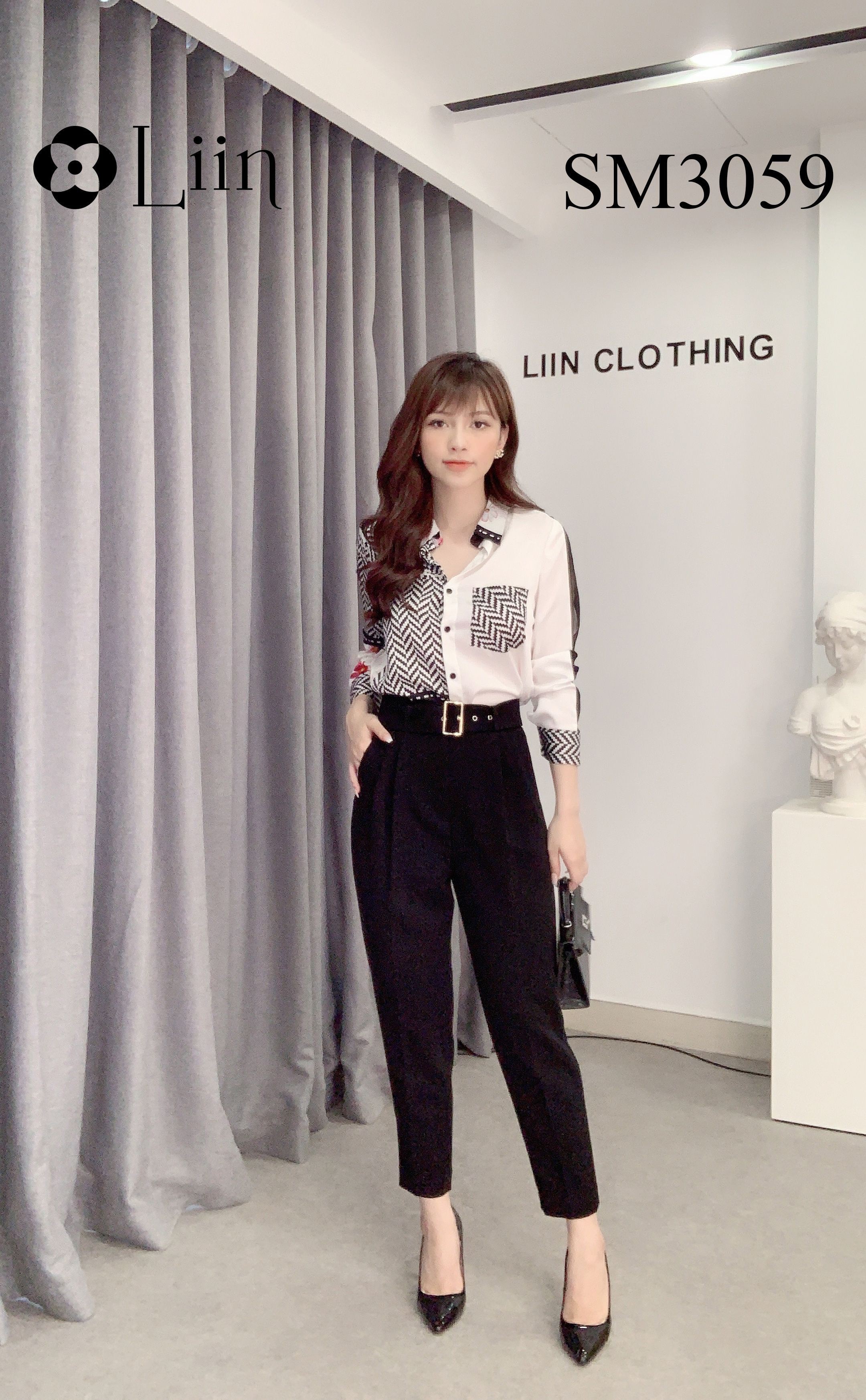 Áo sơ mi phối họa tiết kẻ zizac kết hợp Tay Hoa cách điệu thời trang Liin Clothing SM3059