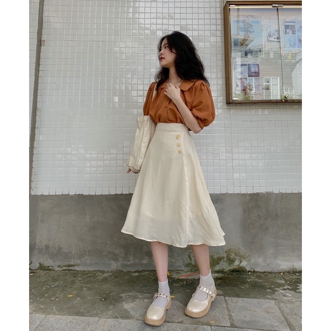 Chân váy THANH chất liệu linen form xoè đính cúc ✨