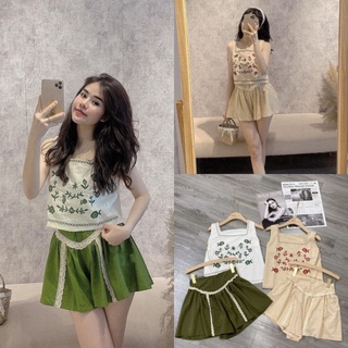 S766 Set áo hai dây in hoa dáng suông kèm quần váy dáng xòe phối zen, 2 màu xanh kèm nhẹ nhàng
