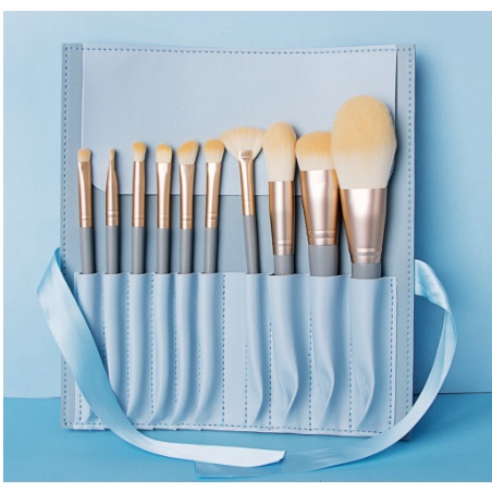 (Tặng kèm túi da) Set 10 cây cọ trang điểm xanh dương lông siêu mềm