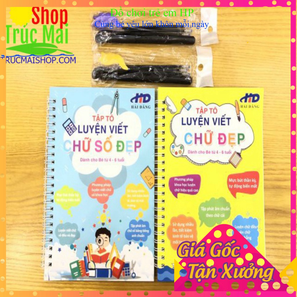 [ Loại Cao Cấp] bộ tô màu tự xóa thần kỳ ( 2 quyển chữ và số ,2 bút ,6 ngòi ,2 lót tay hình cá)