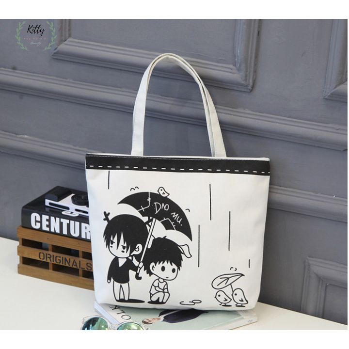 Túi tote 🍓 𝐋𝐎𝐀̣𝐈 𝐈 🍓 Túi Tote canvas có khóa kéo in hình , uzzang unisex đeo vai đi học