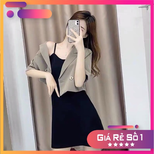 Bộ Áo Vest Kèm Váy 2 Dây Set Đầm Body Nữ Áo Khoác Ngắn Cộc Tay Q046