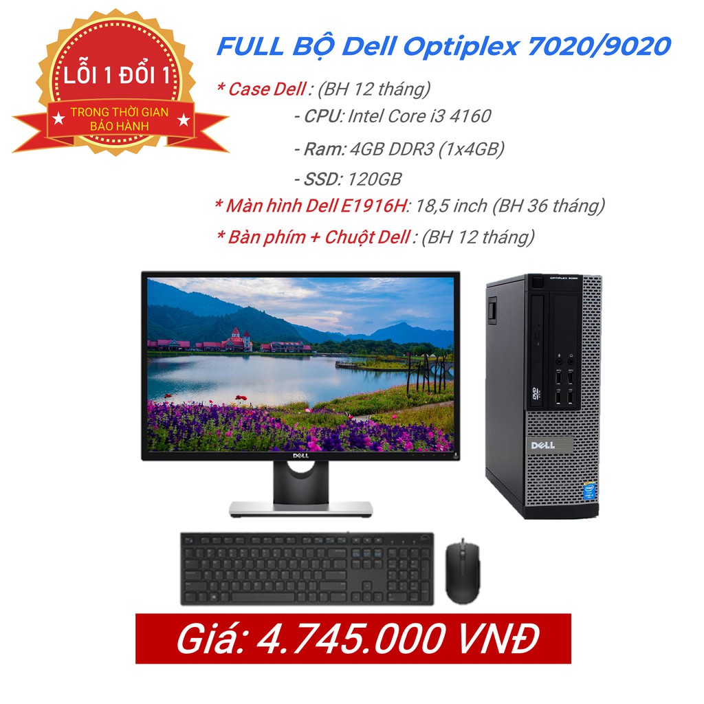 Bộ cây máy tính để bàn văn phòng Dell 3020/9020/ 7020 Core i3 4160, màn hình Dell , phím chuột Dell hàng nhập khẩu
