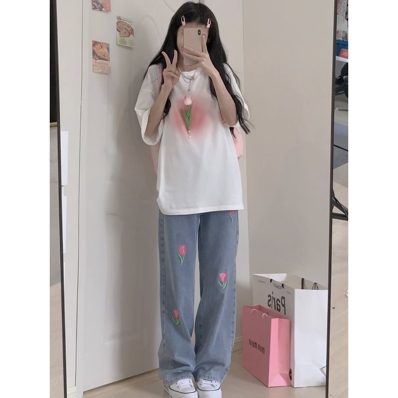 Áo thun IELGY tay ngắn dáng rộng in hình hoa tulip phong cách hàn quốc thời trang mùa hè cho nữ