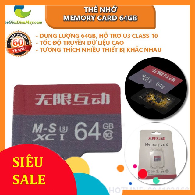 [SiêuRẻ] Thẻ nhớ Memory Card 64GB U3 Class 10 - Bảo hành 5 Năm - Shop Thế Giới Điện Máy .