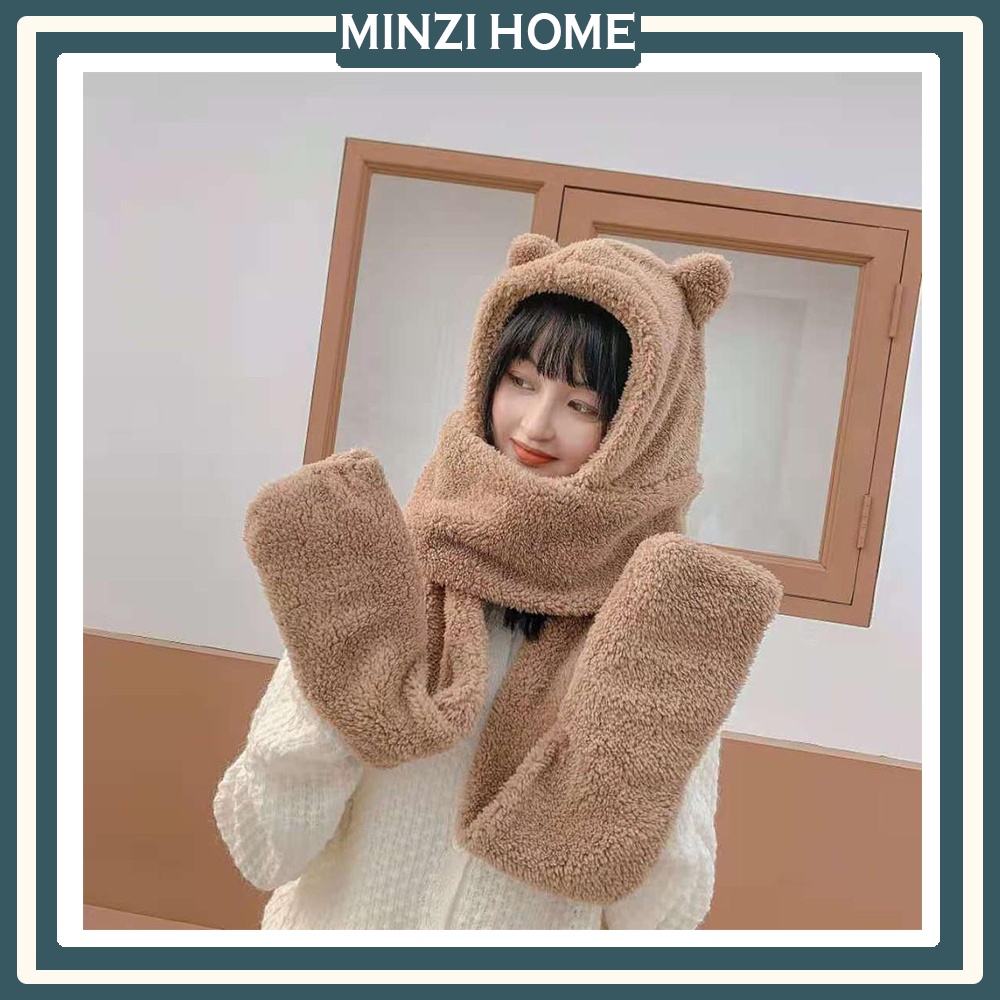 Mũ Lông Cừu 3In1,  Mũ Len Tai Gấu Trùm Đầu Kèm Khăn Choàng Găng Tay Thời Trang Thu Đông Cho Nữ