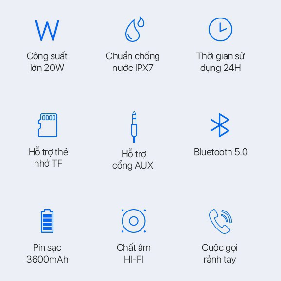 Loa Bluetooth 5.0 VIVAN VS20 Chống Nước IPX7 Công suất 20W Pin 3600mAh Playtime đến 24H Hỗ trợ thẻ Micro SD và cổng AUX