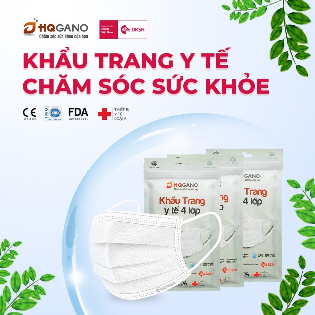 QUÀ TẶNG KHÔNG BÁN_Gói khẩu trang y tế quai thun 4 lớp HQGANO chống bụi mịn, kháng khuẩn, không mùi (6 Cái/gói)