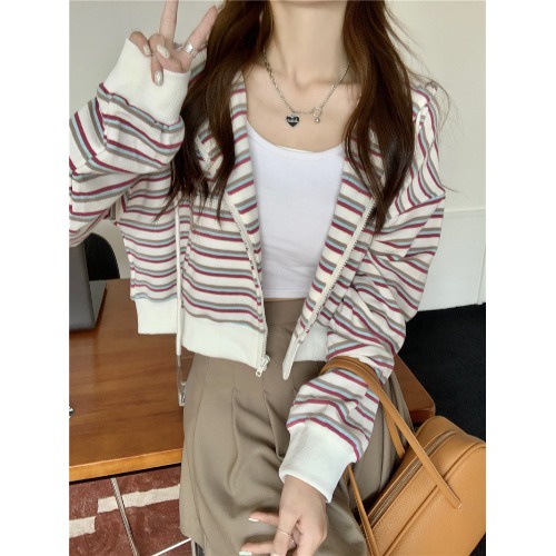 Áo khoác len nữ mỏng sọc có mũ, hoodie zip 2022 tay dài croptop