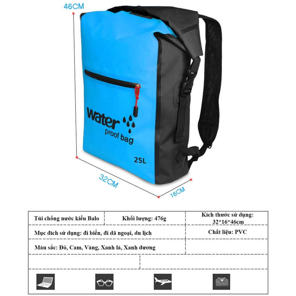 Túi đi biển đi rừng leo núi dã ngoại đi phượt chống nước Water Proof Bag 25L, kiểu dáng balo, chất liệu PVC, siêu bền