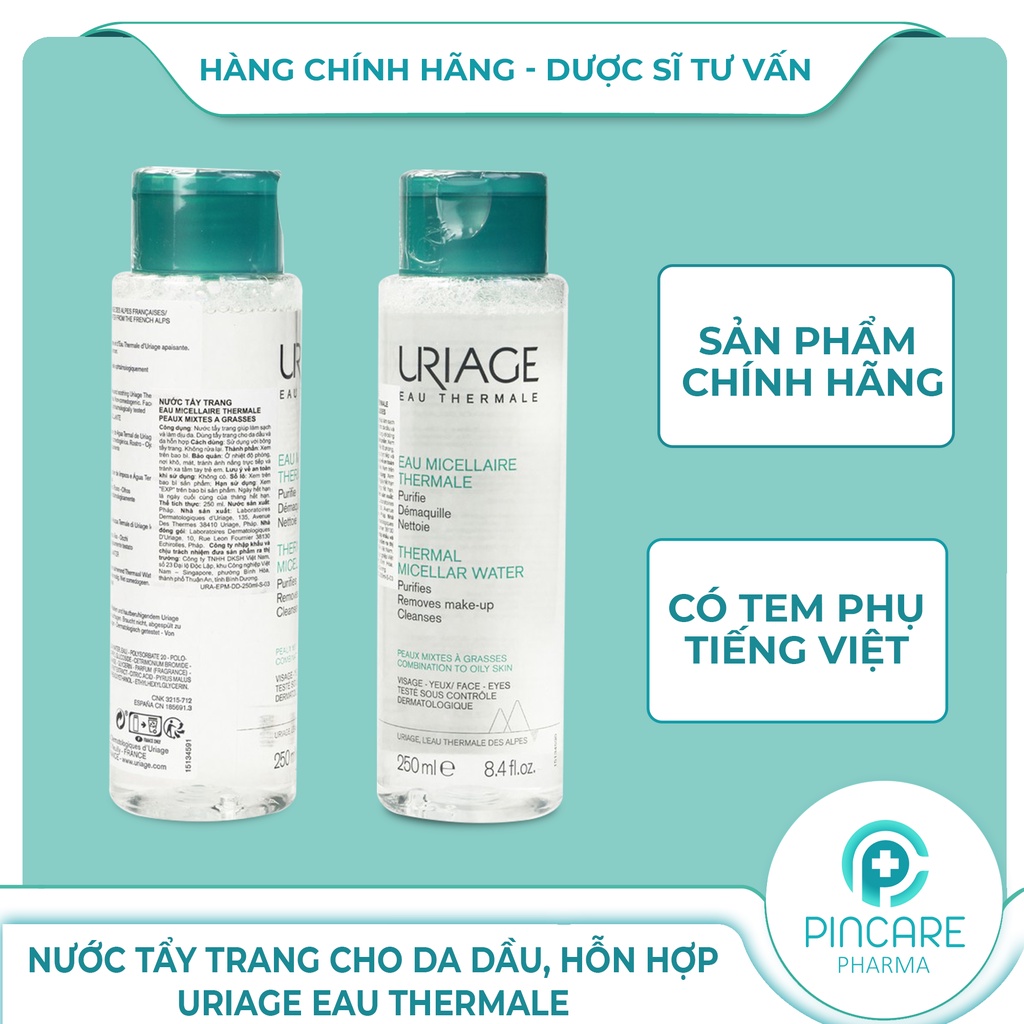 Nước tẩy trang cho da dầu mụn Uriage Eau Micellaire Thermale PMG 250ml (màu xanh) - Hành chính hãng - Nhà thuốc PinCare