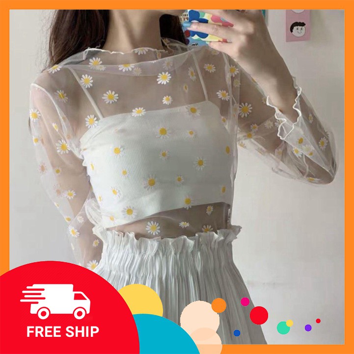 🌸 1123A18B1 Áo Lưới Bông Cúc Cổ Lọ Voan Mỏng Sexy Hot Trend (Không Có Áo Trong) 🌸