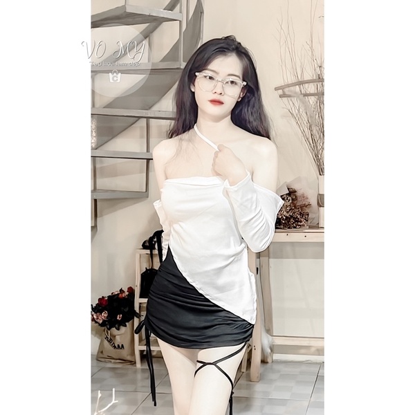 Set áo tay dài chéo dây phối chân váy rút