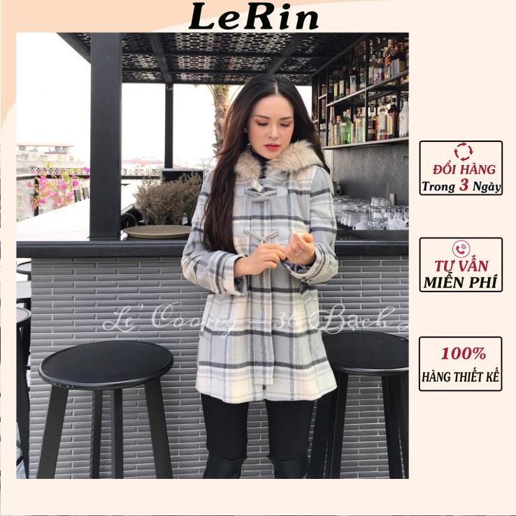 Áo Khoác Dạ Cừu Hai Khuy Kẻ Sọc Trắng Có Mũ Lông Áo Khoác Nữ Parka_LeRin AD1