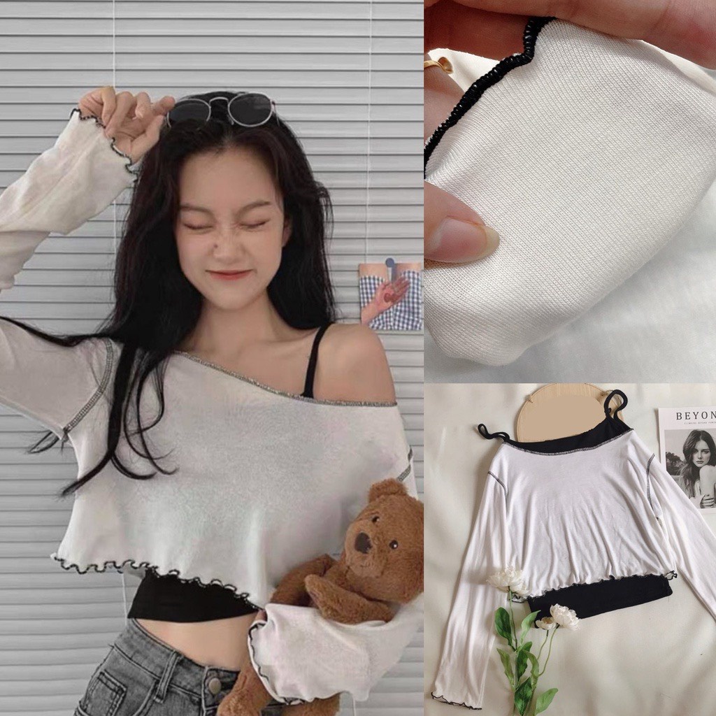 Bộ Áo Croptop Chạy Viền Barbie Áo Yếm Nữ Set Áo Dài Tay Kèm Áo Trong In Chữ 2 Màu