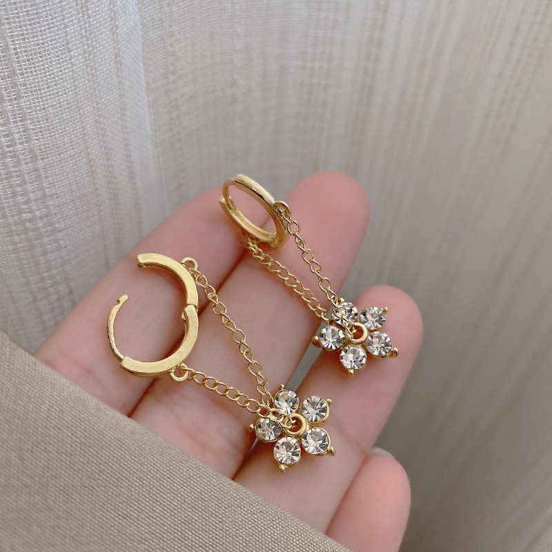 Bông tai dáng dài hình hoa đính đá phối tua rua thời trang cao cấp cho nữ