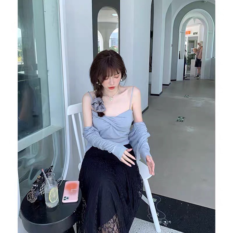 Set áo croptop xoắn ngực kèm áo khoác cardigan tay dài phong cách Hàn Quốc