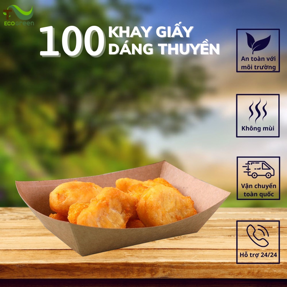 Combo 100 Khay giấy kraft dáng thuyền đa dạng size (5Size), đựng cá viên, đồ ăn nhanh,...