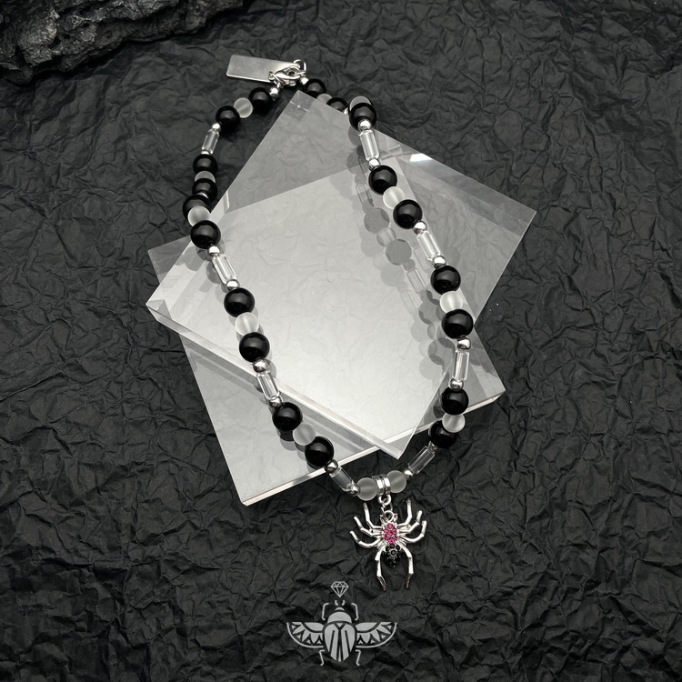 Vòng cổ Hạt Tròn Màu Đen Đính Đá Ruby Ngọc Lam Vân Kim Cương Pha Lê Hình Nhện Dáng Tròn Trẻ Trung Cho Nam Và Nữ