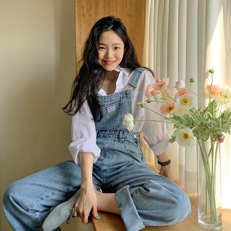 [ORDER] Quần yếm jeans ống suông xanh nhạt style vintage Korea